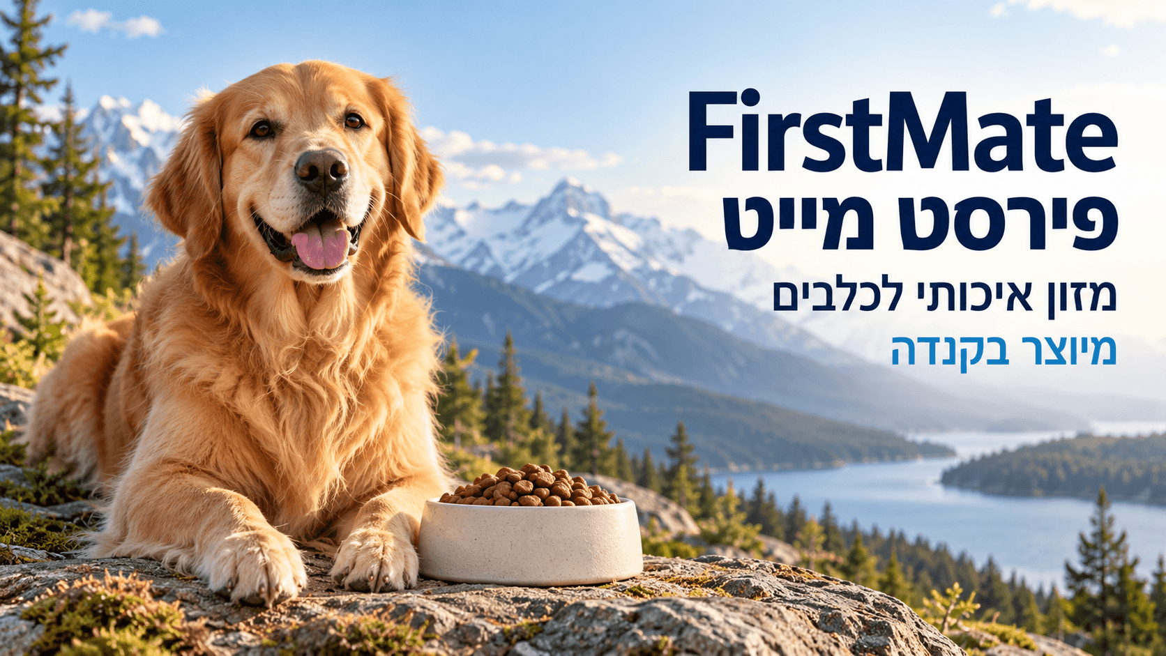 Golden retriever beside FirstMate dog food מזון אולטרה פרמיום קנדה